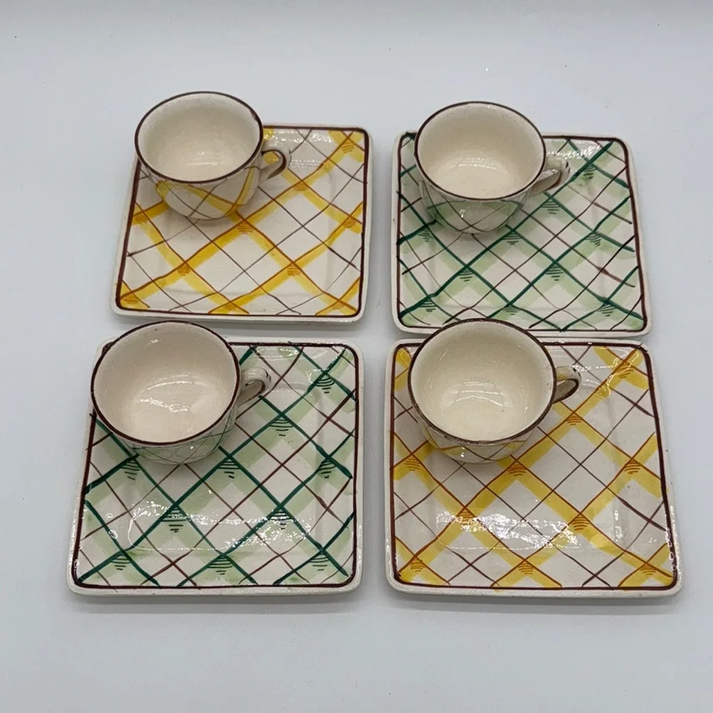 Vintage Italian Plaid Ceramic Cup and Saucer Snack Set Hand Painted in Italy